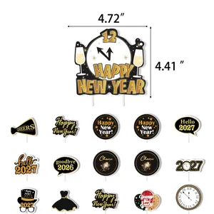 Detail of 2027 Happy New Year cake topper set with dimensions in black and gold theme