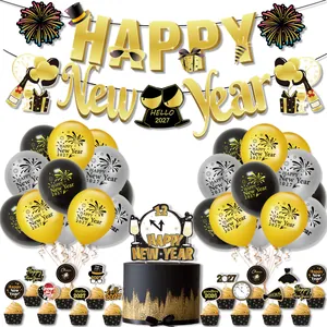 2027 Happy New Year Kit Décoration Fête Or Noir Argent Ballons Latex Bannière Cake Toppers Pour Réveillon Maison Ornements
