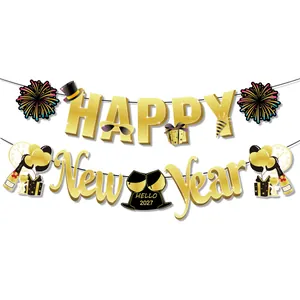 Bannière dorée Bonne Année 2027 avec décorations de fête noir et or sur fond blanc