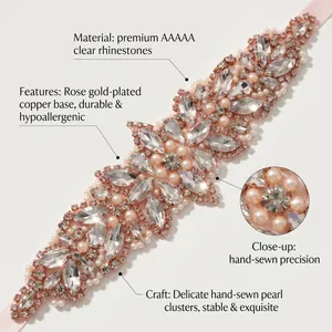 Detail of hand-sewn AAAAA rhinestones and pearls on rose gold bridal belt