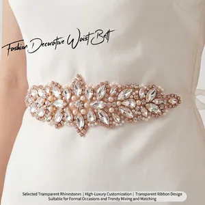 Luxurious Rhinestone Artificial Pearl Bridal Belt For Wedding Dress Alloy Silver Rose Gold Flower Patch Ribbon Waist Sash