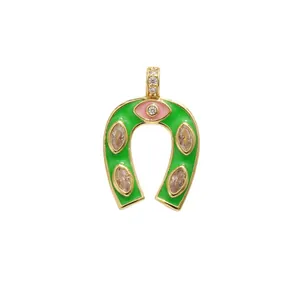 Gold plated horseshoe charm with green enamel and marquise cubic zirconia stones