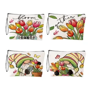 Waterproof tulip and gnome print cosmetic storage bags set with zipper and handle