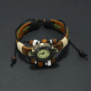 Detailed macro of vintage cowhide quartz watch with woven rope and wooden bead accents