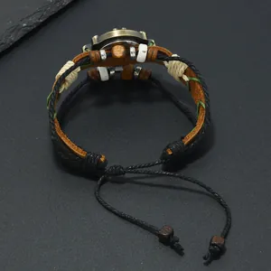 Vintage brown leather punk watch bracelet with woven rope and adjustable wood beads
