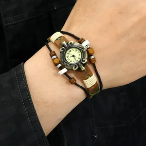 Vintage leather bracelet watch for men with bronze carved dial and woven bohemian straps