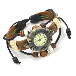 Vintage Cowhide Leather Bracelet Watch Handmade Braided Punk Style Quartz Wristwatch For Men Women Retro Adjustable Bohemian Jewelry Watch
