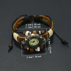 Vintage brown leather punk style bracelet watch with adjustable woven cord and quartz dial