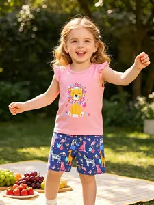 Girls Summer Cotton Knitted Outfit Set Pink Flutter Sleeve Lion Print Top And Tropical Animal Pattern Shorts Casual Clothes