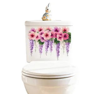 Waterproof wall sticker with pink hibiscus and purple wisteria flowers for bathroom decor