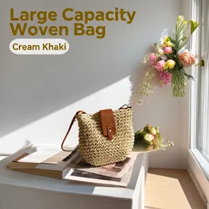 Chic beige woven straw crossbody bag with brown leather flap and long shoulder strap