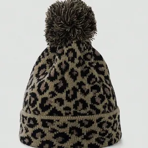 Leopard Print Knit Beanie Hat With Large Pom-Pom Warm Acrylic Winter Cap For Men Women Casual Style