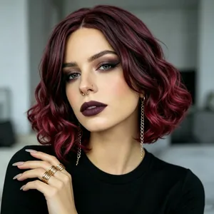Short wavy burgundy bob wig for women with natural hair texture and stylish ombre finish