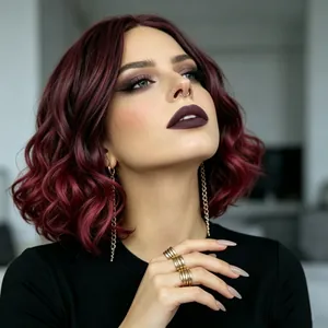 Short curly burgundy bob wig for women with natural gradient and voluminous waves