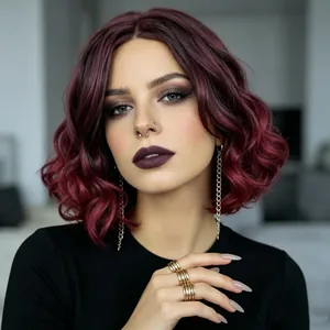 Macro detail of wine red curly bob wig with deep burgundy wavy synthetic fibers