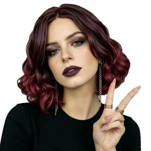 Short wavy burgundy bob wig for women with natural synthetic fibers in deep red