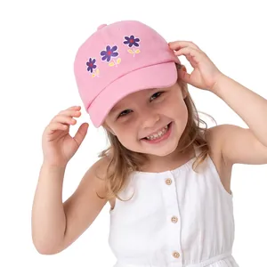 Pink cotton baseball cap for girls featuring delicate floral embroidery and a curved brim