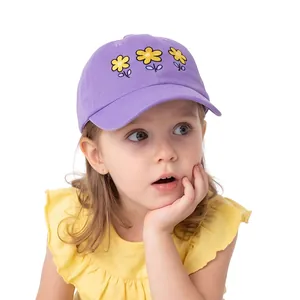 Girl lilac purple cotton baseball cap with yellow daisy embroidery and curved brim