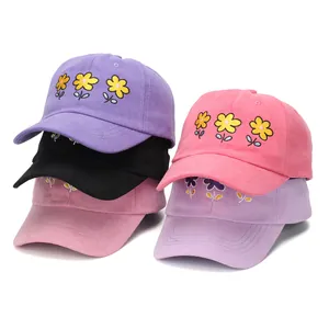 Girls' cotton baseball caps with floral embroidery in multiple pastel colors
