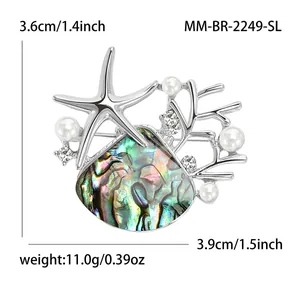 Seestern Brosche mit Abalone Muschel und Perlen in Silberoptik, 3,9 cm x 3,6 cm