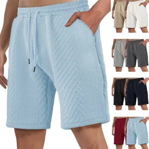 Men Shorts Polyester Textured Jacquard Knit Elastic Waist Drawstring Summer Casual Beach Loose Lightweight Solid Color