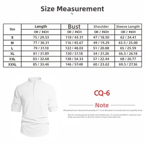 Detailed size chart for men's linen stand collar shirt with dimensions in CM and INCH