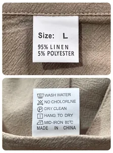 Detailed fabric label showing 95% linen and 5% polyester blend with care instructions