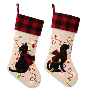 LED Light Up Christmas Stockings Cat Dog Pet Buffalo Plaid Burlap Holiday Fireplace Hanging Decorations Gift Bags