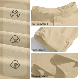 Detail view of khaki linen blend shirt featuring stand collar and breathable fabric