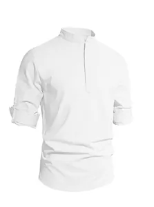 Detail of white linen blend shirt featuring a mandarin collar and half-button placket
