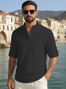 Detail of black linen henley shirt with mandarin collar and four-button placket design