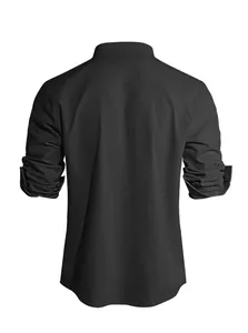 Back view of black linen blend shirt with stand collar and curved hem for men