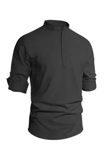 Detail view of the stand collar and four-button placket on this charcoal linen henley