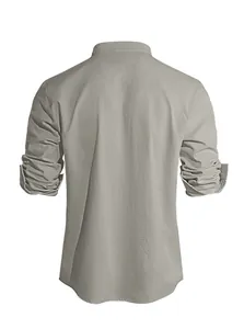 Back view of light gray linen blend casual shirt showing texture and stand collar