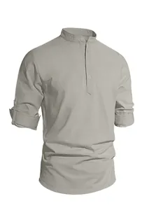Detail of taupe linen shirt collar and buttons with rolled-up sleeve strap design