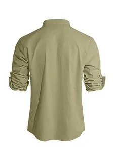 Close-up of olive green linen shirt back showing the fabric texture and curved hem