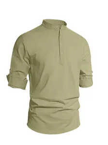 Detail of linen blend mandarin collar with three-button placket on men's shirt