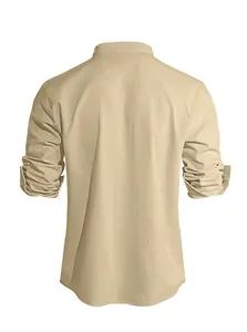 Back view of men's khaki linen blend shirt featuring breathable fabric and neat stitching