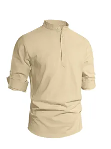 Detail of light khaki linen shirt featuring stand collar and functional button placket