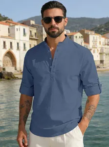 Close-up of blue linen blend shirt with mandarin collar and button detail for men