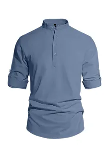 Detailed close-up of linen blend shirt neck with stand collar and three buttons