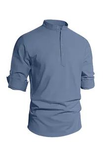 Close-up of linen blend fabric texture and buttoned stand collar on men shirt