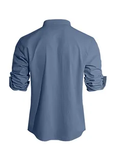 Rear view of grey-blue linen blend casual shirt showing texture and rolled cuffs
