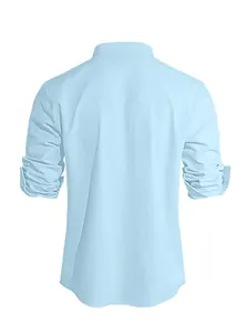 Macro view of light blue linen-blend shirt showing back silhouette and stand collar