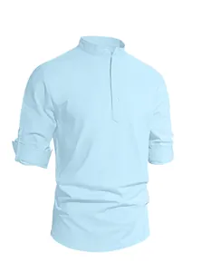 Detail of light blue linen shirt featuring a grandad collar and roll-up sleeve buttons
