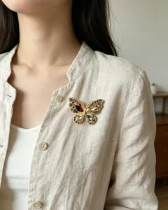 Vue détaillée d'une broche papillon vintage avec cristaux colorés sur une chemise beige