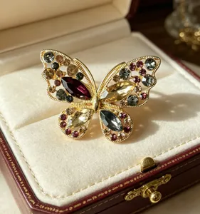 Gros plan détaillé d'une broche papillon en alliage avec strass multicolores en coffret