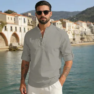 Men's breathable grey linen blend henley shirt with stand collar and roll-up sleeves
