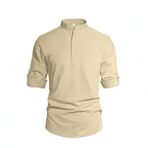 Linen blend long sleeve henley shirt with stand collar and roll-up sleeves in beige