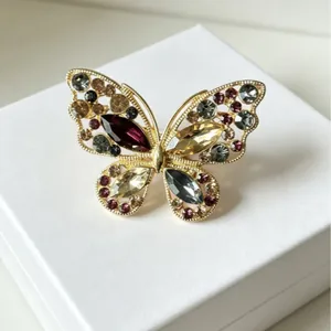 Exquise Broche Papillon Ajourée en Alliage de Zinc et Strass Élégante Vintage Multicolore Cristal Insecte Épingle pour Femmes Bijoux de Banquet
